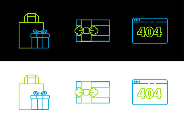 Set line Page with a 404 error, Gift box and icon. Vector