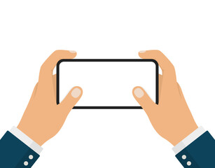 Businessman Hand Holding And Touching Black Smartphone with White Screen in Horizontal Position or Landscape Mode.