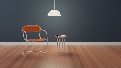 Cozy chair in living room in coffee shop or apartment scandinavian interior style. A coffee table with a coffee and a book, lamp. 3d rendering illustration.