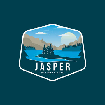 Jasper National Park illustration emblem logo on dark background.