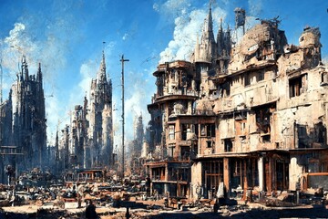 An imaginary city destroyed by war and turned into a ghost town.