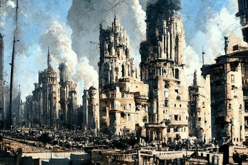 Fototapeta na wymiar CG illustration of a fictional city that has been burned to the ground by war.