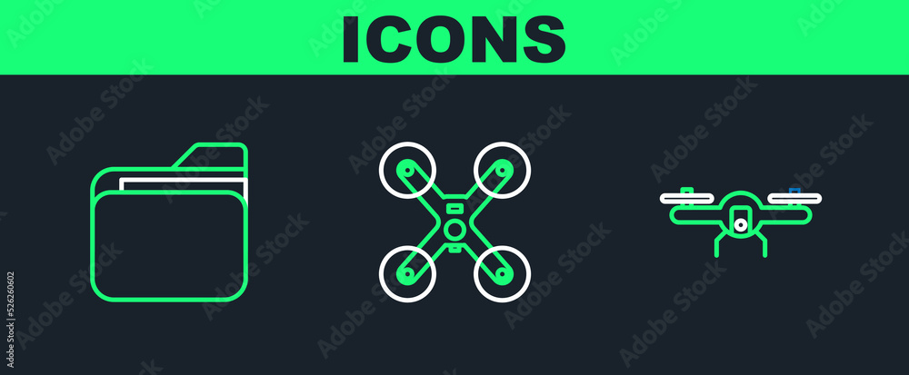 Poster set line drone flying, document folder and icon. vector