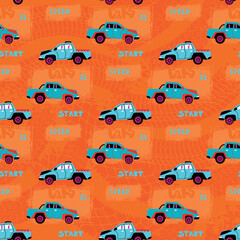 Abstract seamless cars pattern for boy on background. Childish style wheel auto repeated backdrop. Red and blue sportcar
