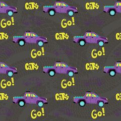 Abstract seamless cars pattern for boy on background. Childish style wheel auto repeated backdrop. Red and blue sportcar