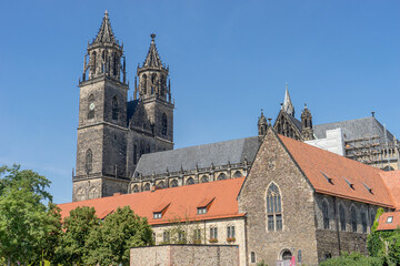 Obraz premium Gothic towers of the cathedral in Magdeburg, Saxony-Anhalt, Germany