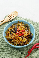 Soun Jamur Kuping, spicy glass noodles with jelly fungi served in bowl
