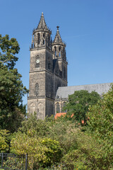 Fototapeta na wymiar Gothic towers of the cathedral in Magdeburg, Saxony-Anhalt, Germany
