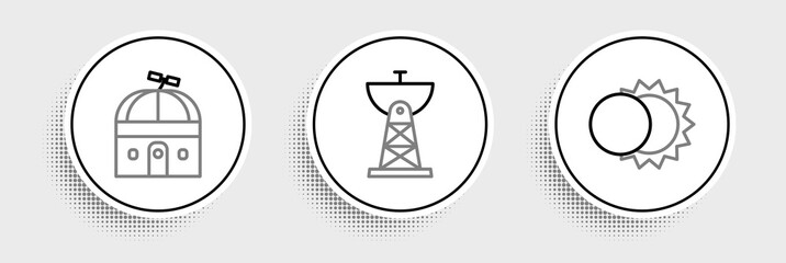 Set line Eclipse of the sun, Astronomical observatory and Satellite dish icon. Vector