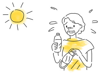 マスクを外して水分補給するシニア女性のシンプルイラス
