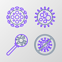 Set line Stop virus, Virus under magnifying glass, and icon. Vector