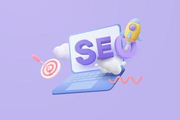 3D SEO optimization with rocket for marketing social media concept. Interface for web analytics strategy and research planing in laptop. 3d seo strategy vector icon render illustration - obrazy, fototapety, plakaty