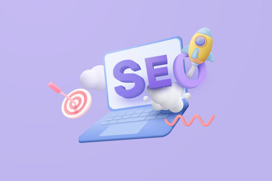 3D SEO optimization with rocket for marketing social media concept. Interface for web analytics strategy and research planing in laptop. 3d seo strategy vector icon render illustration
