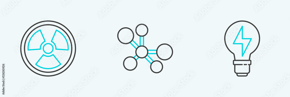 Poster set line light bulb with lightning, radioactive and molecule icon. vector