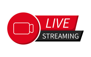 Live streaming logo - red vector design element with play button for news and TV or online broadcasting. Vector illustration.