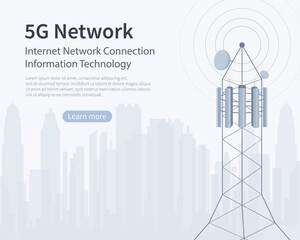 5G network technology. Communication tower wireless high speed internet. Base station, mobile data tower, cellular equipment, telecommunication antenna, signal. Vector illustration.