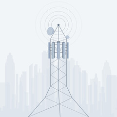 Telecommunications towers. A mobile phone communication repeater antenna. Vector flat illustration. 