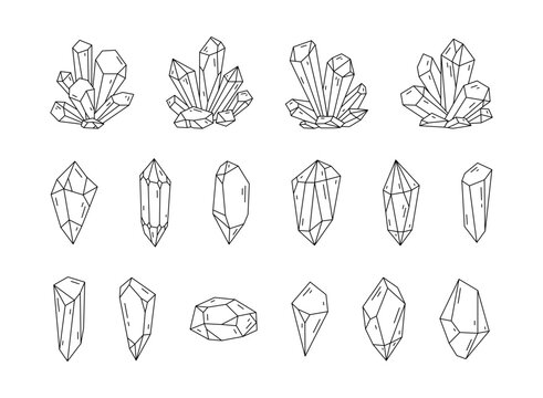 Line art crystals or gemstones collection, gem set. Jewelry stone or diamond icons
