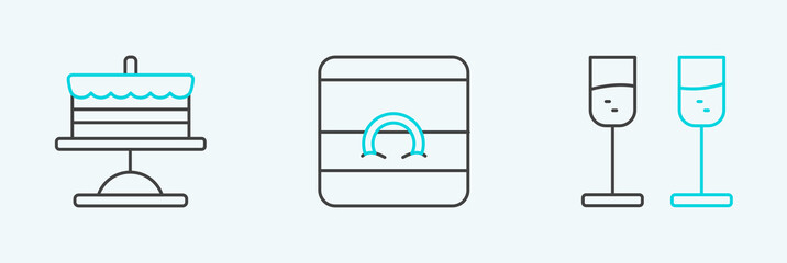 Set line Glass of champagne, Cake on plate and Wedding rings icon. Vector