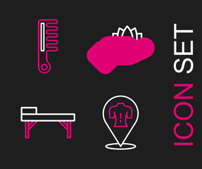 Set line Massage, table, Lotus flower and Hairbrush icon. Vector