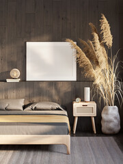 Modern dark bedroom with blank horizontal poster, globe lamp on a dark wood shelf, large ears of corn in a vase, light wooden bedside table with rattan door next to a bed with brown bedding. 3d render