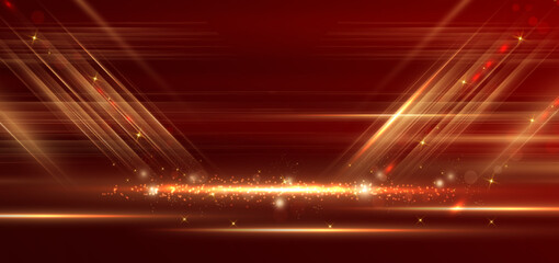 Elegant golden stage diagonal glowing with lighting effect sparkle on red background. Template premium award design.