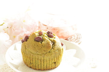 Homemade red bean in green tea muffin for breakfast food