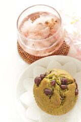 Homemade red bean in green tea muffin for breakfast food
