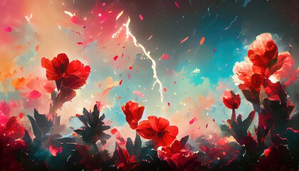 Red flowers against a stormy sky. Floral background from paint splatter. Abstract natural elements for leisure, business. Digital art.