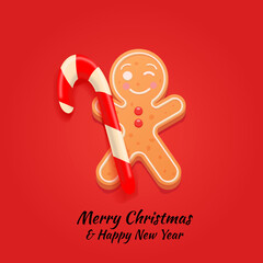 christmas gingerbread man  and Christmas candy, on a red background. 