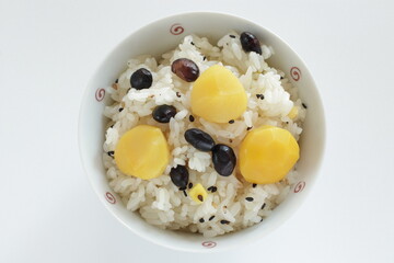 Japanese autumn food, chestnut and black bean in sticky rice