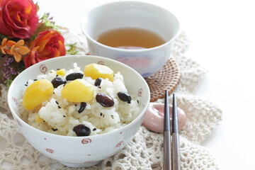 Japanese autumn food, chestnut and black bean in sticky rice