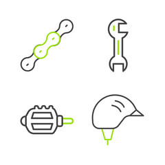 Set line Bicycle helmet, pedal, Wrench spanner and chain icon. Vector