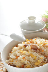 Chinese food, Pork and carrot with Chinese tea cup