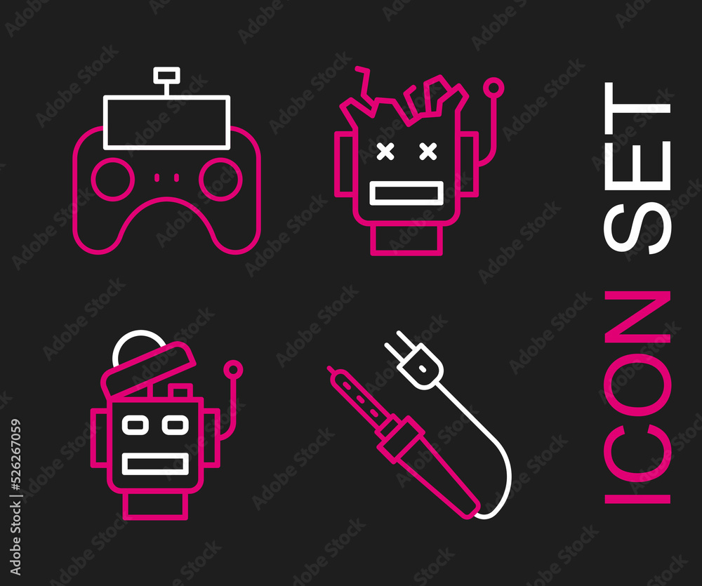 Poster set line soldering iron, robot, broken robot and remote control icon. vector