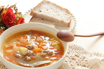 Homemade beef and vegetable minestrone soup for healthy nutrition breakfast food image