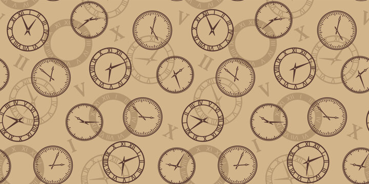 Brown clock on a beige background with watch dials and Roman numerals. Endless texture with vintage watches. Time concept. Vector seamless pattern for cover, surface texture, wrapping paper and print