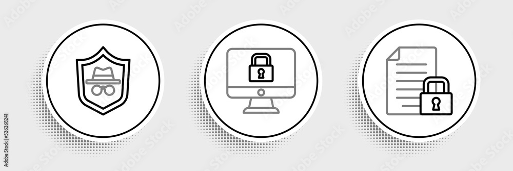 Poster set line document and lock, incognito mode and lock on monitor icon. vector