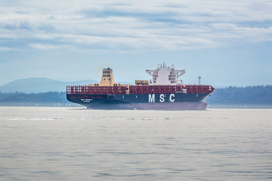 Seattle, WA USA - 27 June 2018 - Containership MSC Michaela sailing the waters in front of Seattle, WA