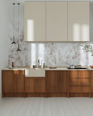 Japandi wooden kitchen in white and beige tones. Wooden cabinets, contemporary wallpaper and marble top. Front view, minimalist interior design