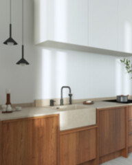 Fototapeta na wymiar Blurred background, japandi trendy wooden kitchen. Wooden cabinets, contemporary wallpaper and marble top. Wabi sabi, minimalist interior design