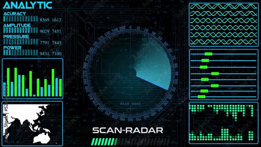 Poster abstract colorful hud radar animation on black background. radar screen detected for battle. radar h