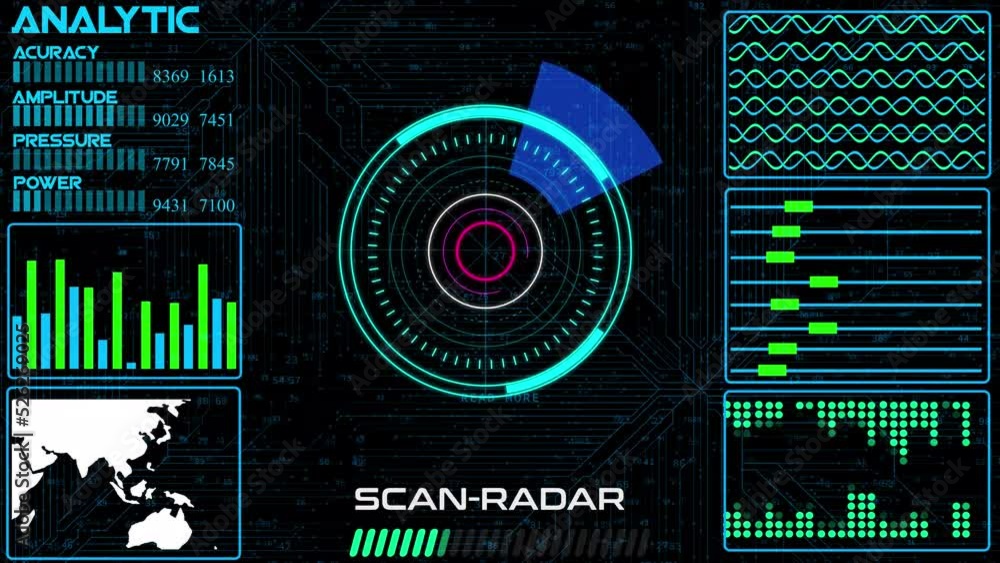 Poster abstract colorful hud radar animation on black background. radar screen detected for battle. radar h