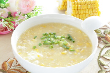 Chinese food, minced meat in Corn Soup with green onion