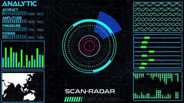 abstract colorful HUD radar animation on black background. Radar Screen Detected for Battle. Radar HUD With Object On Screen. Futuristic HUD Navigation monitor, Sonar Detect Battle Ship	