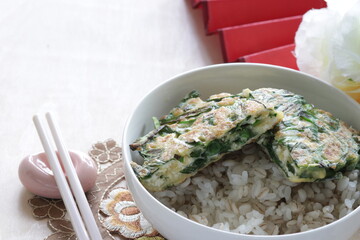 Chinese food, tofu and leek pancake on rolled oats rice for healthy food image