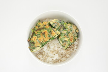 Chinese food, tofu and leek pancake on rolled oats rice for healthy food image