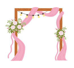 Wooden wedding arch with ribbons and flowers. A beautiful wedding. Pink roses, lanterns and light bulbs