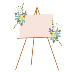 Wedding plaque with flowers. Decor for event and roses. Wooden stand greeting card