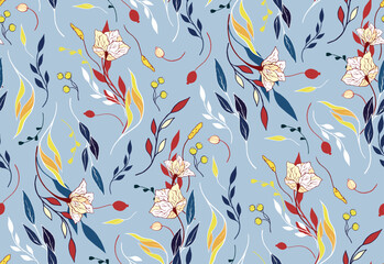 Seamless pattern, elegant floral print with autumn botany in vintage style. Botanical surface design with drawing plants, small flowers on thin branches, leaves, herbs on yellow background. Vector.